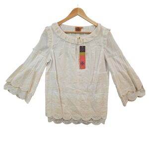 Tory Burch Chelsie Blouse 4 White Embroidered Tiered Scalloped‎ Bell Sleeve Boho
